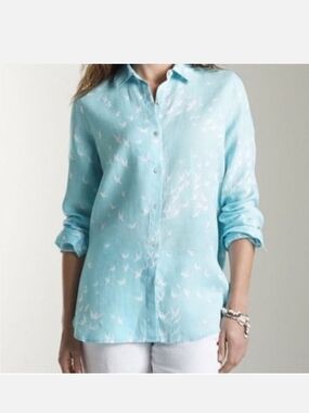 J. Jill Linen Button Down Shirt In Teal Blue And White Bird